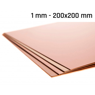 Koperplaat, dikte 1,0 mm, afmeting 200x200 mm koper Cu-vorm