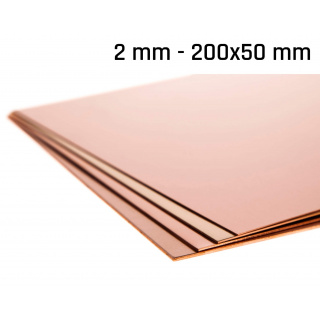 Koperplaatdikte 2,0 mm maat 200x50 mm koper Cu-vorm
