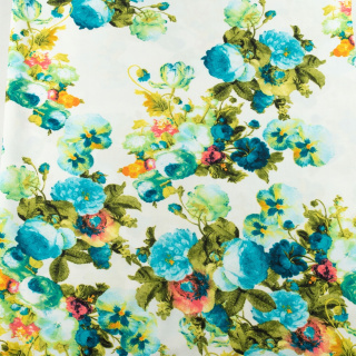 Stof ITY turquoise glad bloemen gebreide stof 0,5m