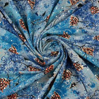 Stof Jersey ITY blauw bloemen pailletten tricot 0,5m
