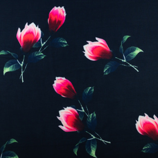 Stof Jersey ITY marineblauw glad bloemen tricot 0,5m