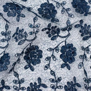 Stof kant marineblauw bloemen pailletten 0,5m