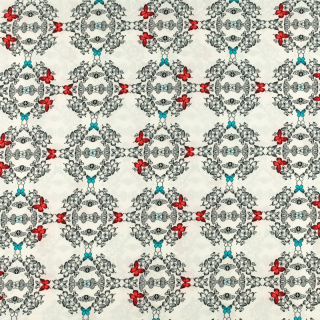 Stof Silki blauw-rode vlinder patroon 0,5m