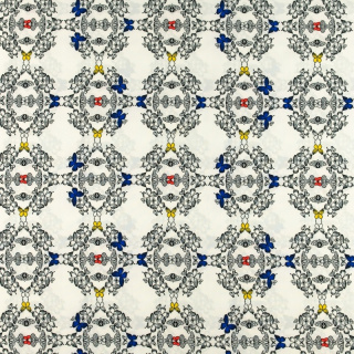 Stof Silki geel-blauw vlinder patroon 0,5m