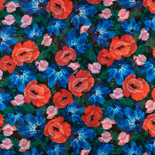 Chiffon stof rood blauw glad bloemen 0,5m