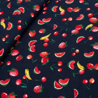 Viscose stof marineblauw fruit patroon 100% viscose 0,5m