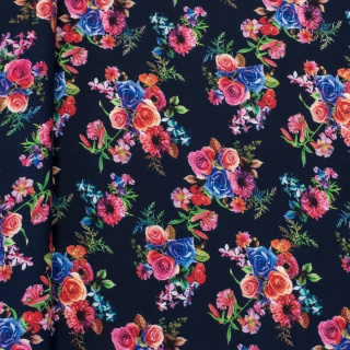 Stof viscose marineblauw bloemen 100% viscose 0,5m