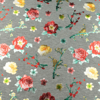 Viscose stof gebreid grijs zacht bloemen patroon 0,5m