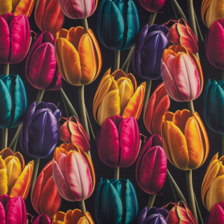 Stof viscose twill zwart glad tulpen patroon 0,5m