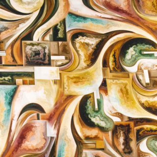 Bruin viscose stof kubisme patroon 100% viscose 0,5m