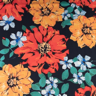 Stof viscose twill glad oranje bloemen 0,5m