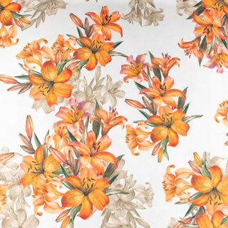 Stof viscose twill glad oranje bloemen 0,5m
