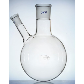Dubbele halskolf met ronde bodem en schuine zijhals, 50 ml, slijpingen 29/32 en 14/23, GLASSCO, borosilicaatglas (BORO 3.3)