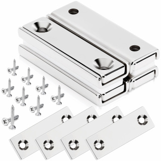 Neodymový plochý magnet v oceľovom puzdre s dierou pre skrutku 40×13,5×5 mm, s podložkami – 4 ks