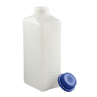Fľaša HDPE 1000 ml s uzáverom s plombou modrá – chemicky odolná, s poistným krúžkom