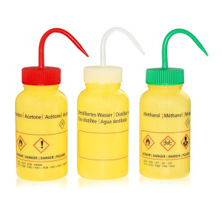 Spuitfles met opdruk Gedistilleerd water, 500 ml, geel, brede hals GL50 – PE-LD