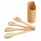 Houten keukengerei set 2 spatels, lepel, vork + bamboe container