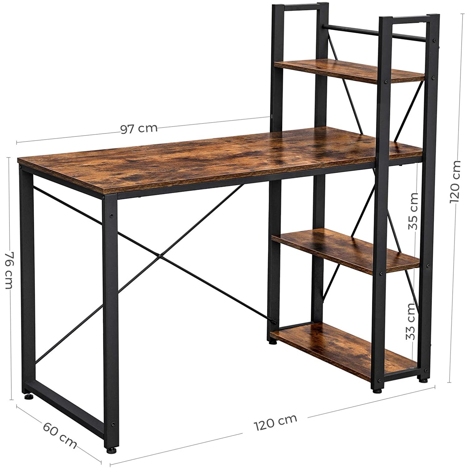 computertafel 120x60x120 cm met plankjes bruin hout metaal megamix.sk