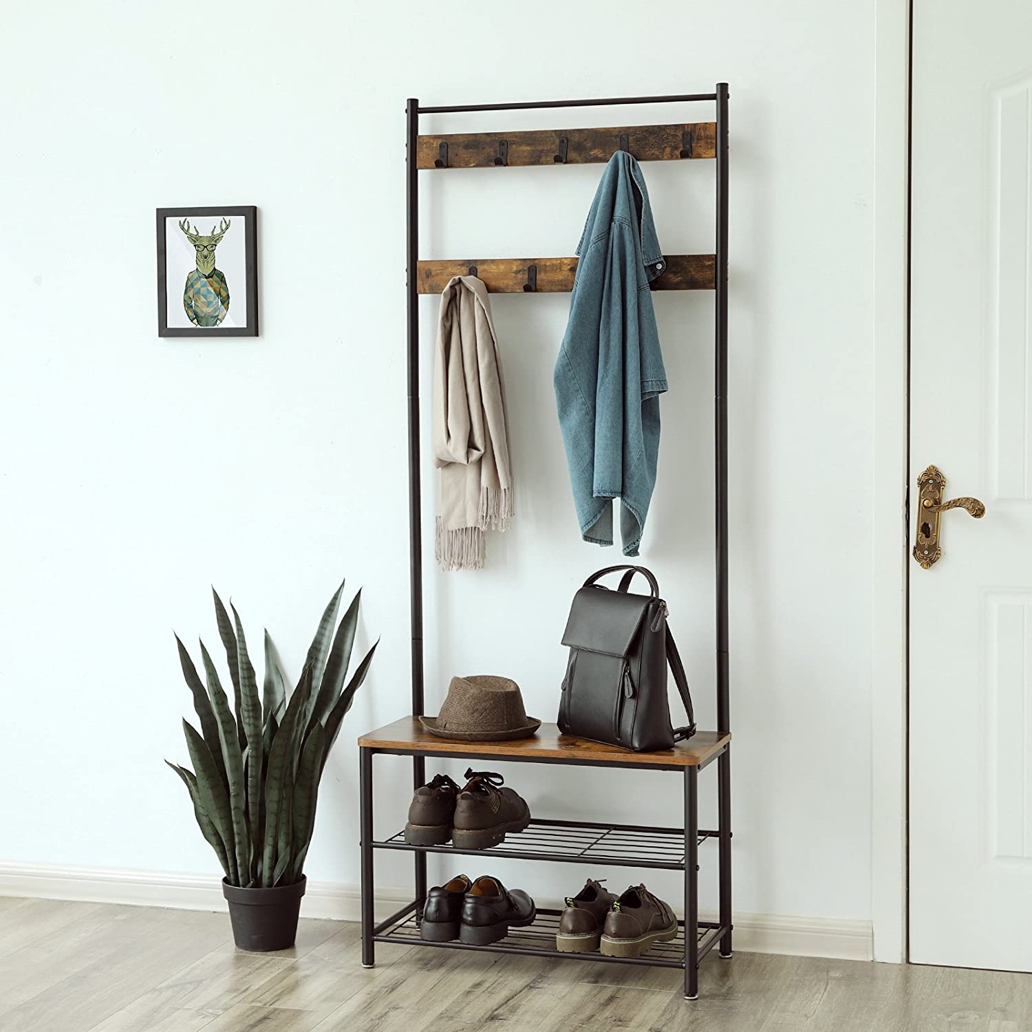 kledinghanger met zitplaats 70x32x175cm hout, metaal bruin megamix.nl